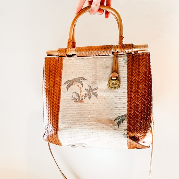 Brahmin Handbags - • Vtg. Brahmin woven straw bamboo handled canvas palm tree bag •